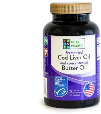 Green Pasture Fermented Cod Liver Oil & Butter Oil Blend - Wild Alaska Cod, Vitamins A & D, Omega-3-6-9, MSC Certified, 120 Capsules