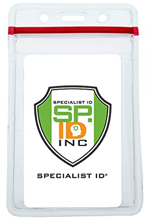 5 Pack - Heavy Duty Vertical Vinyl Badge Holders with Resealable Zip Top Closure - Water Resistant with Red Seal Pouch for Multiple Employee Work Badges, Passes & I'd Cards by Specialist ID