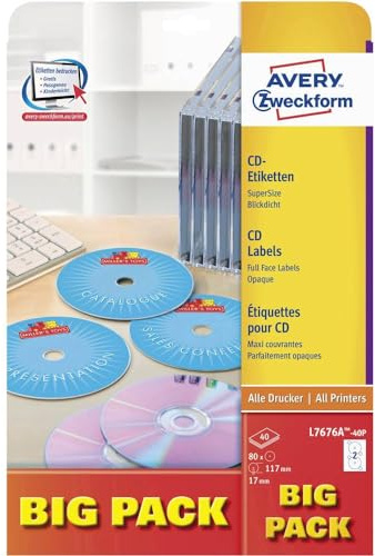 Avery L7676 After Burner CD Labels, Supersize, Diameter 117 mm, White, matt, 40 Labels