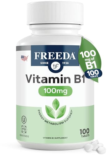 Freeda Vitamin B1 Thiamine 100mg - Supports Energy Metabolism, Nervous System Health - Kosher, Vegan, Gluten Free - Thiamin HCl 100 mg Vitamin B 1 - Pure Vit B1 Vitamin Thiamine B1 Supplement (100 Ct)