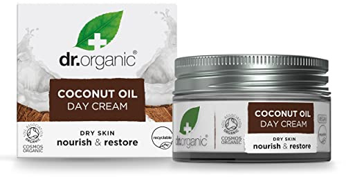 Dr Organic Kokosöl Tagescreme, Feuchtigkeitsspendend, Trockene Haut, Natürlich, Vegan, Tierversuchsfrei, Paraben- & SLS-frei, Plastikfrei, Recycelt & Recyclebar, Zertifiziert Bio, 50ml