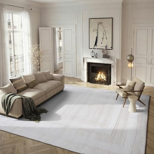 SAFAVIEH Florida Shag Collection Area Rug - 5'3 x 7'6, Creme & Creme, Border Design, Non-Shedding & Easy Care, 1.2-inch Thick Ideal for High Traffic Areas in Living Room, Bedroom (SG454-1111)