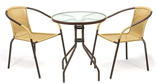 Nexos Trading Bistroset Balkonset Rattanset – Sitzgarnitur aus Glastisch & Bistrostuhl – Stahlgestell Poly-Rattan Glasplatte – robust stapelbar – beige