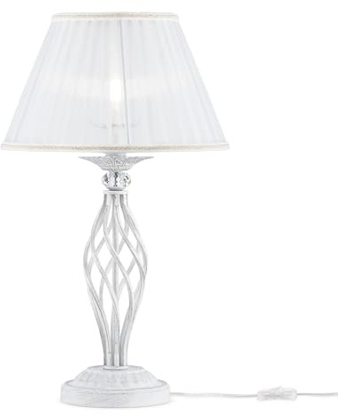 Elegante Lampada da Tavolo o Comodino, Design Shabby Chic, Metallo bianco, Paralume in Tessutto bianco, per 1 lampadina E14 40w non incl