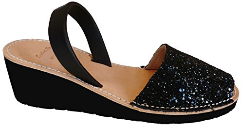 Avarcas menorquínas con tacón/cuña de 4,8 cm, Abarcas, Albarcas, Sandalias (39, Glitter Negro)