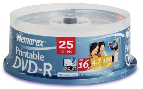 Memorex M00587 Bedruckbarer DVD-R Rohling in Cakebox (25 Stück) 16x Speed INKJET PRINTABLE