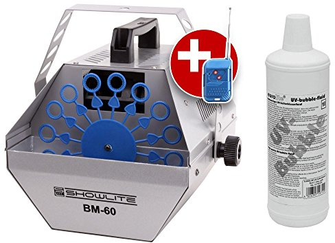 Showlite BM-60 såpbubbelmaskin 60 W med trådlös fjärrkontroll och 1 l eurolite UV-vätska gul (0,6 l tank, 2–3 timmars drifttid vid full tank, partyeffekt, disco bubblor)