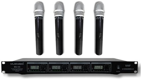 MUSYSIC 4-Channel Professional VHF Handheld Wireless Microphone System Metal Receiver, Long Range for Church, Wedding, Party, Meeting, Party, Karaoke