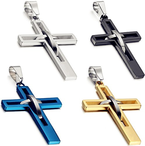 Flongo Colgante de cruz para hombre: negro, plata, oro, azul, cadena de cruz, collar de acero inoxidable, colgante crucifijo jesus, joyas macizas, regalo de Pascua, Navidad, regalo para mujer y mujer,