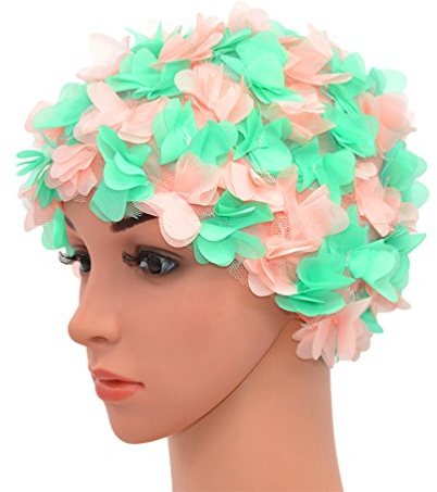 Bonnet de bain en dentelle pour femme - Style rétro, vintage - Pétales de fleur - Medifier, Pink and green