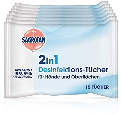 Sagrotan 2in1-Desinfektionstücher – Zum Desinfizieren von Händen und Oberflächen – 7 x 15 Feuchttücher in wiederverschließbarer Verpackung