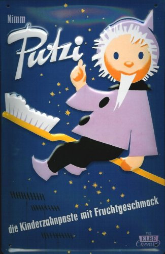 Buddel-Bini Versand Blechschild Putzi Kinderzahnpaste Zahnpasta Schild Sandmann Zahnbürste DDR VEB Elbe Chemie Dresden Schild Retro Werbeschild Ostalgie Ostprodukt