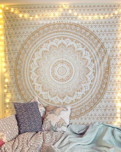 raajsee Metallic Gold Tapestry Wall Hanging Mandala-Bohemian Dorm Decor Hippie Tapestries-Boho Bedding Golden bedspread yoga mat throw (White Gold Ombre, Queen (220 x 210 cms / 92 x 82 inches))