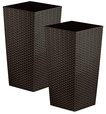 CrazyGadget Tall Square Plastic Rattan Indoor/Outdoor Planters, Set of 2, Brown, 12 Litre