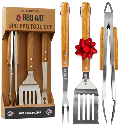 3 piece BBQ Grilling Accessories Set - BBQ Tongs Spatula Fork Set - Heavy Duty Stainless Steel Barbecue Grill Tools with Solid Hard Wood Handles Great Gift Set