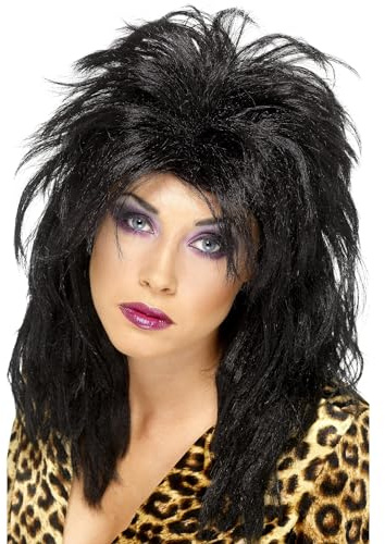 Smiffys 80er Popstar Perücke, Schwarz, Langer, strubbeliger Vokuhila Halloween