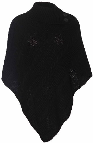 Womens Cape Shawl Wrap Long Knitted Sweater Folded Roll Neck Button Jumper Ladies Poncho Top One Size Black One Size 8 - 16
