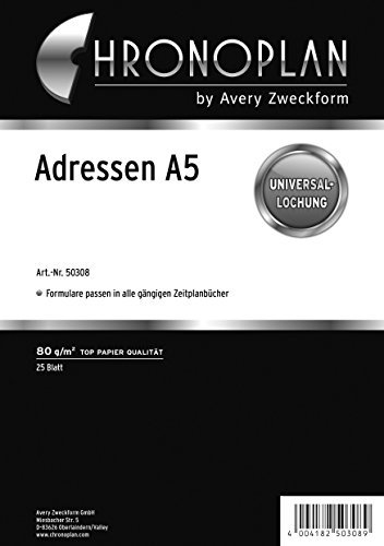 AVERY Zweckform 50308 Adress-Einlagen zum Nachfüllen für Terminplaner (A5-Format, 25 Adressblätter mit Universallochung, 80g/m², übersichtliche Adresssammlung von Kontaktdaten, für viele Organizer)