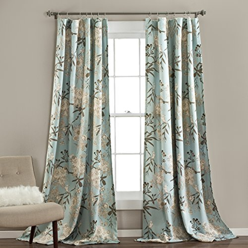 Lush Decor Botanical Garden Curtains Floral Bird Print Room Darkening Window Panel Drapes Set for Living, Dining, Bedroom (Pair), Blue, 52 W x 84L
