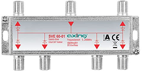 Axing SVE 60-01 Distributore partitore satellitare e digitale terrrestre 6 Vie, Splitter 5-2400 MHz, connettore F, con passagio DC