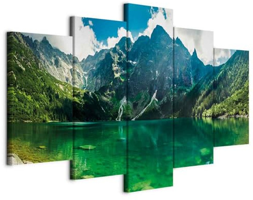 B&D XXL - Wandbilder XXL Landschaft Gebirge 100x50 cm 5 tlg Wand Deko Leinwand Bilder Groß Wanddeko Wohnzimmer Schlafzimmer Kunstdrucke - Natur Berge Bergsee Wald 030212-102