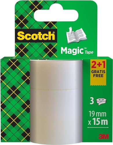 Scotch Magic Tape - 2 Rollen + 1 GRATIS-Rolle, 19 mm x 15 m - Unsichtbares Klebeband für allgemeine Zwecke zur Reparatur, Etikettierung und Versiegelung von Dokumenten