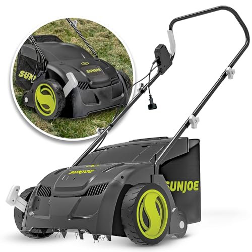 Sun Joe AJ801E 12 amperios, destilador eléctrico y escarificador con bolsa extraíble de 8 galones, ajuste de altura de 5 posiciones, tecnología Airboost aumenta la salud del césped, 13 pulgadas, verde
