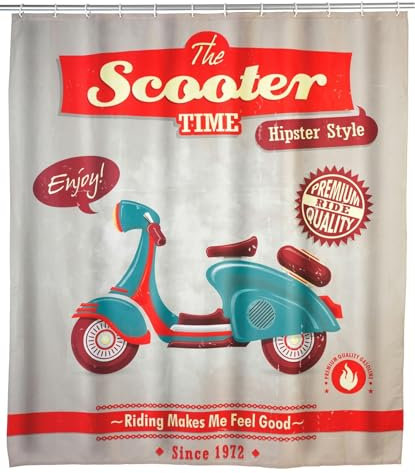 WENKO Anti-Schimmel Duschvorhang Vintage Scooter - waschbar, Polyester, 180 x 200 cm, Mehrfarbig