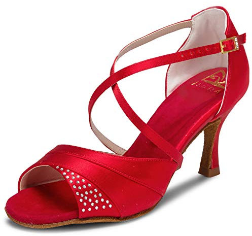 JIA JIA 20522 Damen Sandalen Ausgestelltes Heel Super-Satin mit Strass Latein Tanzschuhe Rot, 41
