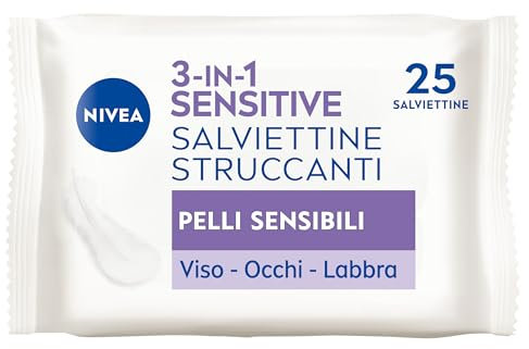 NIVEA Salviettine Struccanti 3in1 Sensitive 25 Pezzi, Salviettine per pelli sensibili, Salviette struccanti per viso, occhi e labbra, Struccante viso e occhi per trucco waterproof