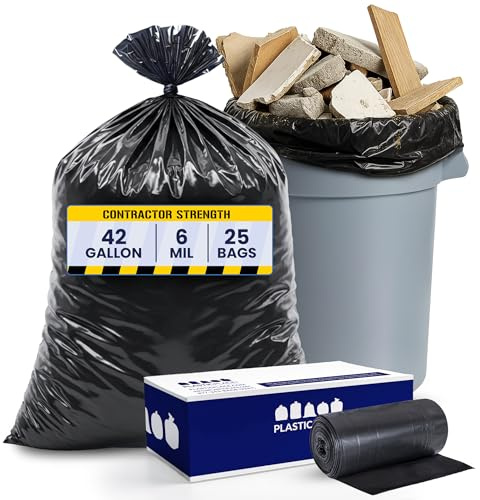 Plasticplace Contractor Trash Bags 42 Gallon │ 6.0 Mil │ Black Heavy Duty Garbage Bag │ 33” x 48” (25 Count)
