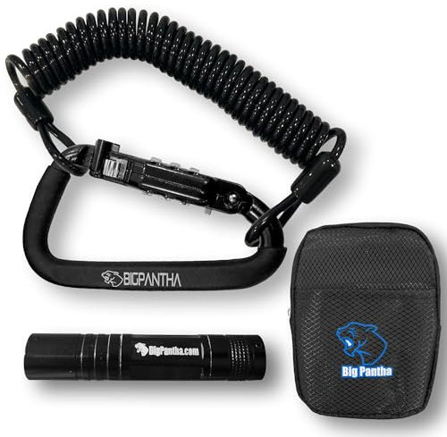 BigPantha Motorcycle Helmet Lock & Security Cable - Black Carabiner Combination Lock Secures Your Helmet, Jacket, Gloves, or Bag - Helmet Lock with Free Carry Pouch & a Small Flashlight