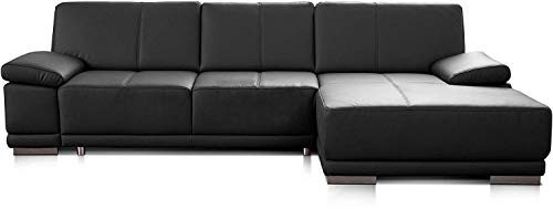 Cavadore Corianne - Divano angolare in vera pelle con regolazione dei braccioli e chaise long, 282 x 80 x 162 cm, colore nero