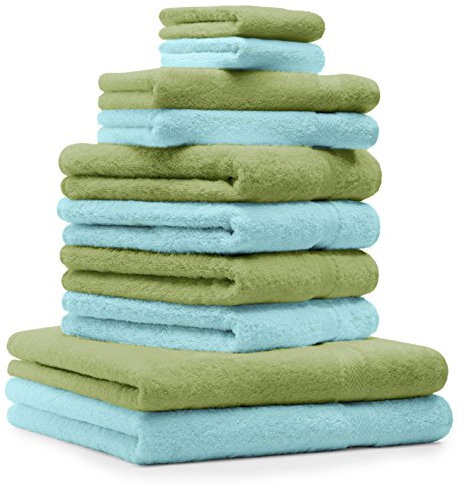 Betz 10-TLG. Handtuch-Set Premium 100% Baumwolle 2 Duschtücher 4 Handtücher 2 Gästetücher 2 Waschhandschuhe Farbe Apfel Grün & Türkis