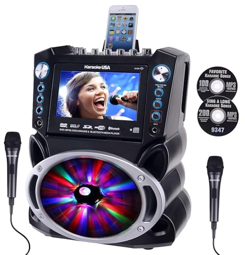 Karaoke Machine with Lyrics Display 7 Screen. CD+G, DVD, MP3+G, MP3, CD & USB. Wireless Bluetooth Speaker with LED Disco Lights. Includes 2 Wired Microphones and 2 Bonus Karaoke Discs By Karaoke USA
