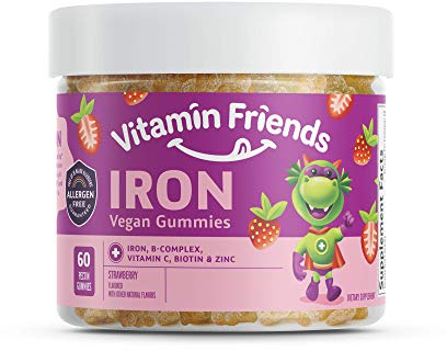 Vitamin Friends - Vegan Multivitamin & Iron for Kids - Daily Nutritional Support Gummies w/Ferrous Fumarate B-Complex, Vitamin C, Zinc, Biotin - Body Function & Anemia - Strawberry, (60 Day Supply)
