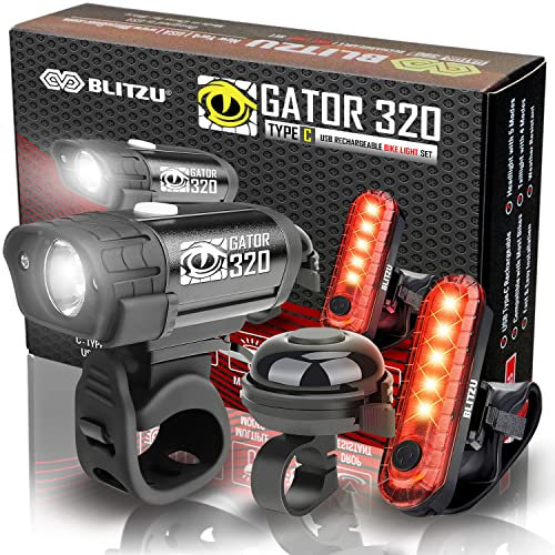BLITZU Gator 320 Bike Lights, Bicycle Light Front and Back for Night Riding. USB-C Rechargeable Headlight Rear Taillight & Bell Set. Cycling Accessories Men Women Kids. Gift for Dad, Mom, Boys, Girls