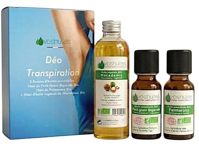VOSHUILES - Kit Déo Stop-Transpiration - Huiles Essentielles Petit Grain Bigarade- Palmarosa- Macadamia - 100% Pure et Naturelle - 2x10ml- 1x50ml - HEBBD et ECOCERT