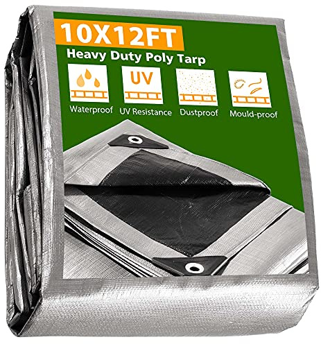 Yescom 10x12ft Heavy Duty Reinforced Poly Tarp 10-mil Waterproof Tarpaulin Ground Sheet Camping Tent Cover with Eyelets Reversible Silver Black Tarps