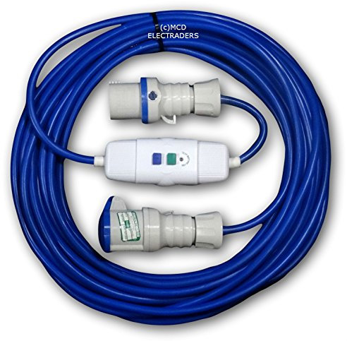 25 metre Blue Caravan Hook Up/Extension Cable with 16 Amp Plug, In-line RCD & 16A Coupler - Professionally assembled by MCD Electrical