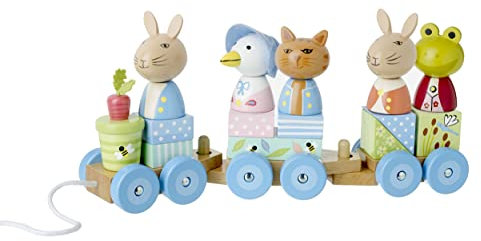 Peter Rabbit Wooden Train Pull Along Toy - Push and Pull Stacking Toys, 1 Year Olds, Toddler - Puzzle Shapes, Early Development Activity Toys - Official Licensed Peter Rabbit Gifts by Orange Tree Toys