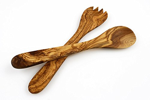 Olive Wood Salad Server Set - 12 Inch Wooden Tongs - Rustic French Style