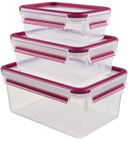 EMSA Clip & Close Frischhaltedosen-Set, rechteckig, 0,55 L+1.00 L+ 2,20 L, Aufbewarungsboxen, 100 Prozent dicht, spülmaschinen-, gefrier-, mikrowellenfest, Himbeer, Transparent, 515584