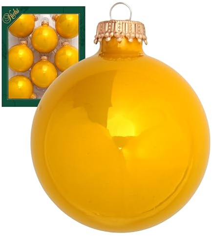 Krebs Glas Lauscha - Weihnachtsdekoration/Christbaumschmuck aus Glas - Unifarbende Kugeln Sonne - Menge: 8 Stück - Farbe: Neongelb glänzend - Größe: ca. 7 cm
