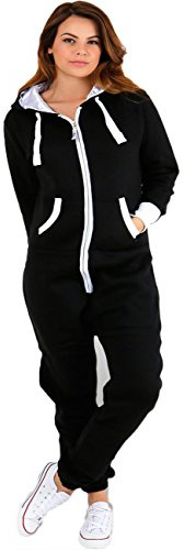 Womens Plain Zipper Onesie Ladies Onepiece All in One Hooded Zip Up Overall Jumpsuit Playsuit, S, Black