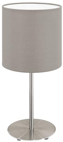EGLO Tischlampe Pasteri, 1 flammige Textil Tischleuchte, Nachttischlampe aus Metall in Silber und Stoff in Taupe, E27 Fassung, inkl. Schalter, H 40 cm