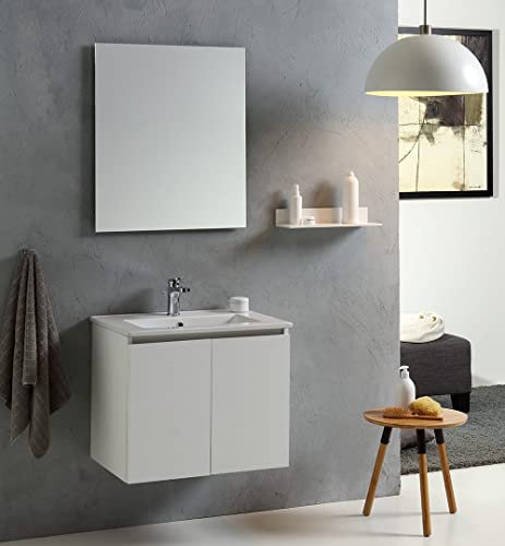 Kiamami Valentina - Mobile Bagno Vinci Sospeso | Lavabo in Ceramica | Specchio Incluso | 60 cm, Bianco Foresta, Legno, già assemblato