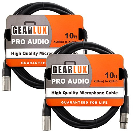 Gearlux XLR Microphone Cable, Fully Balanced, Male to Female, 10 Feet - 2 Pack