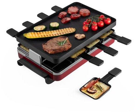 Swissmar Classic 8-Person Raclette Party Grill with Reversible Cast Aluminum Non-Stick Grill Plate/Crepe Top, Indoor Electric Raclette Grill & Griller - Black Grill Plate - Red
