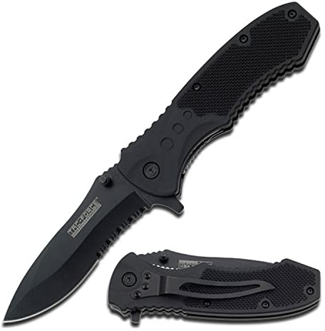 Tac-Force- Folding Pocket Knife – Partially Serrated, Black Stainless Steel Blade with Black Nylon Fiber Handle and Pocket Clip, Tactical, EDC, Rescue - TF-800BK